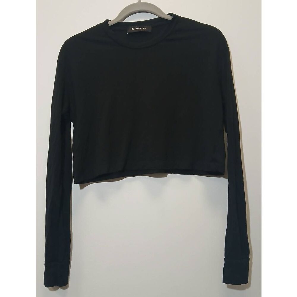 Reformation womens medium cropped tshirt top longsleeve black boxy lightweight - Picture 3 of 9